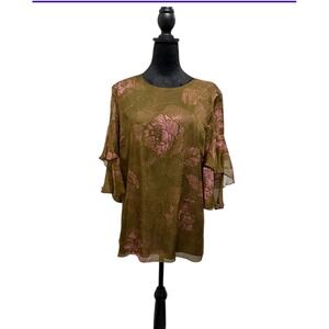 Josie Natori Olive Green Pink‎ Floral Sheer Ruffle Sleeve Blouse Top Size L